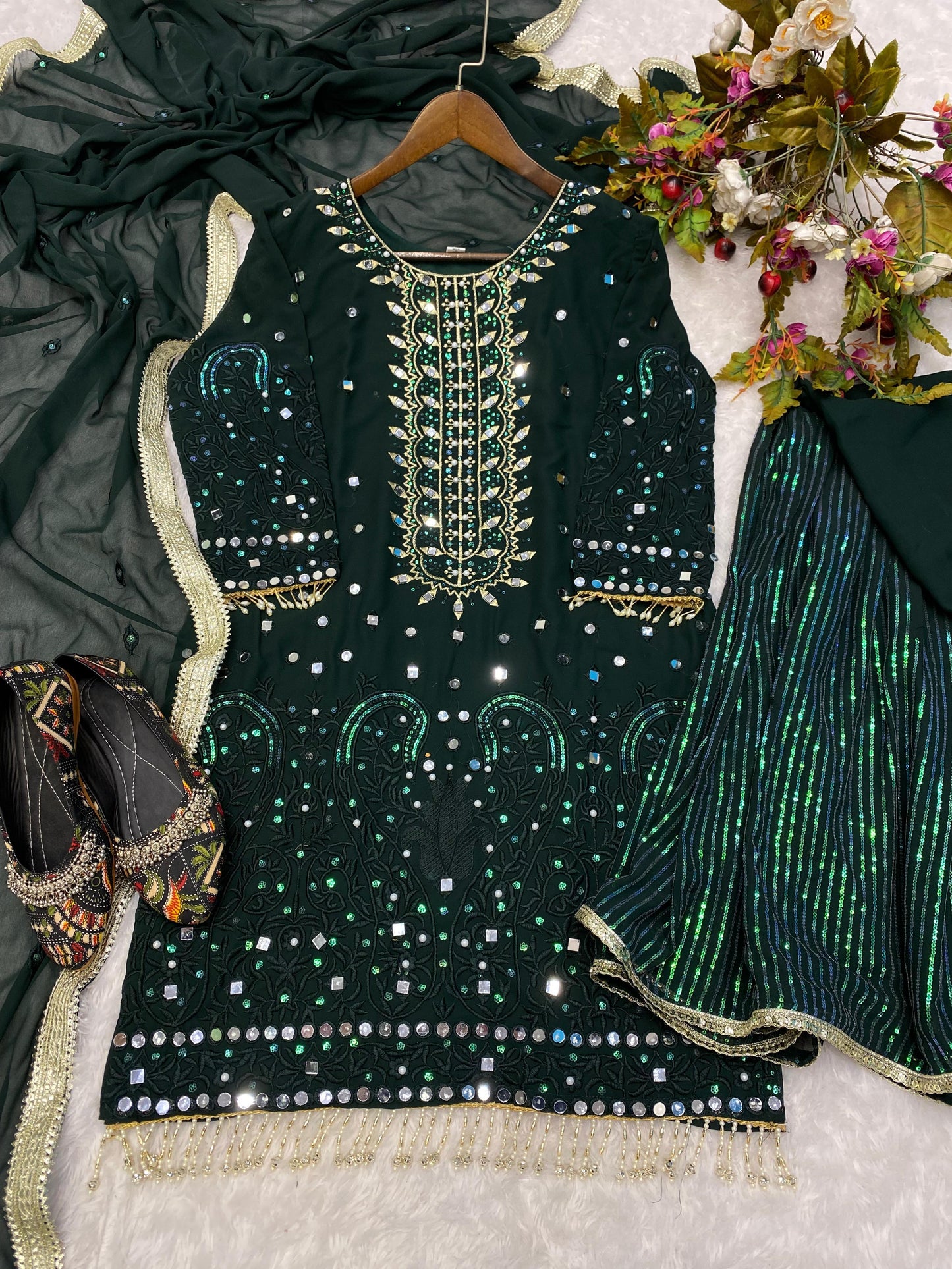 Designer Heavy Work Green Color Full Flair Sharara Suit