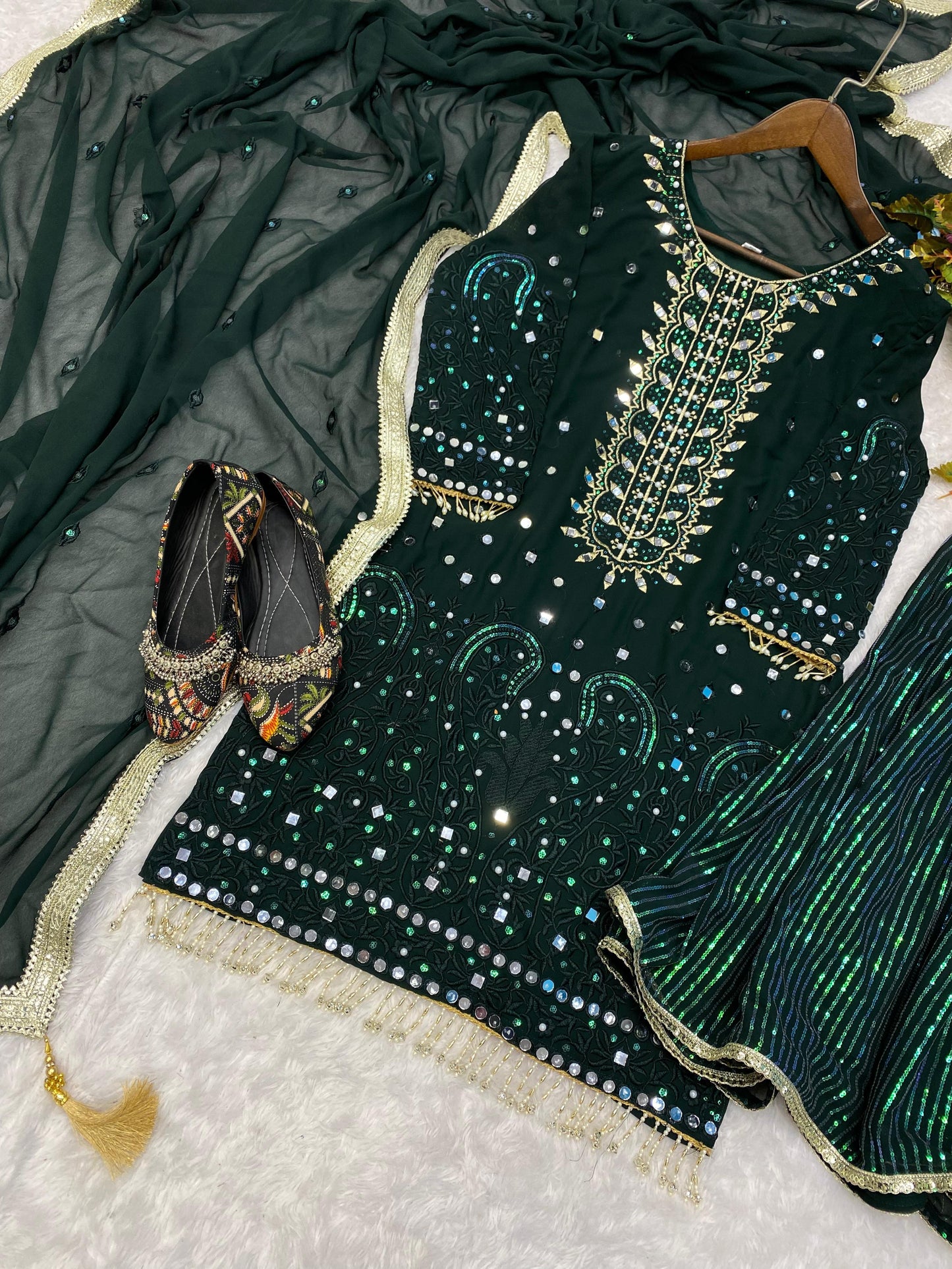 Designer Heavy Work Green Color Full Flair Sharara Suit