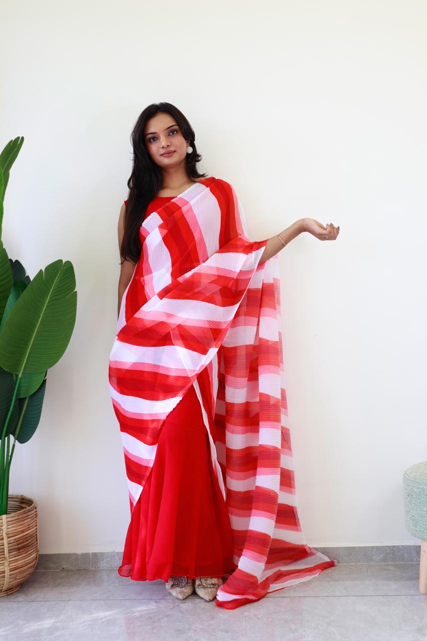 Beautiful White With Red Print Gown With Crush Saree Dupatta