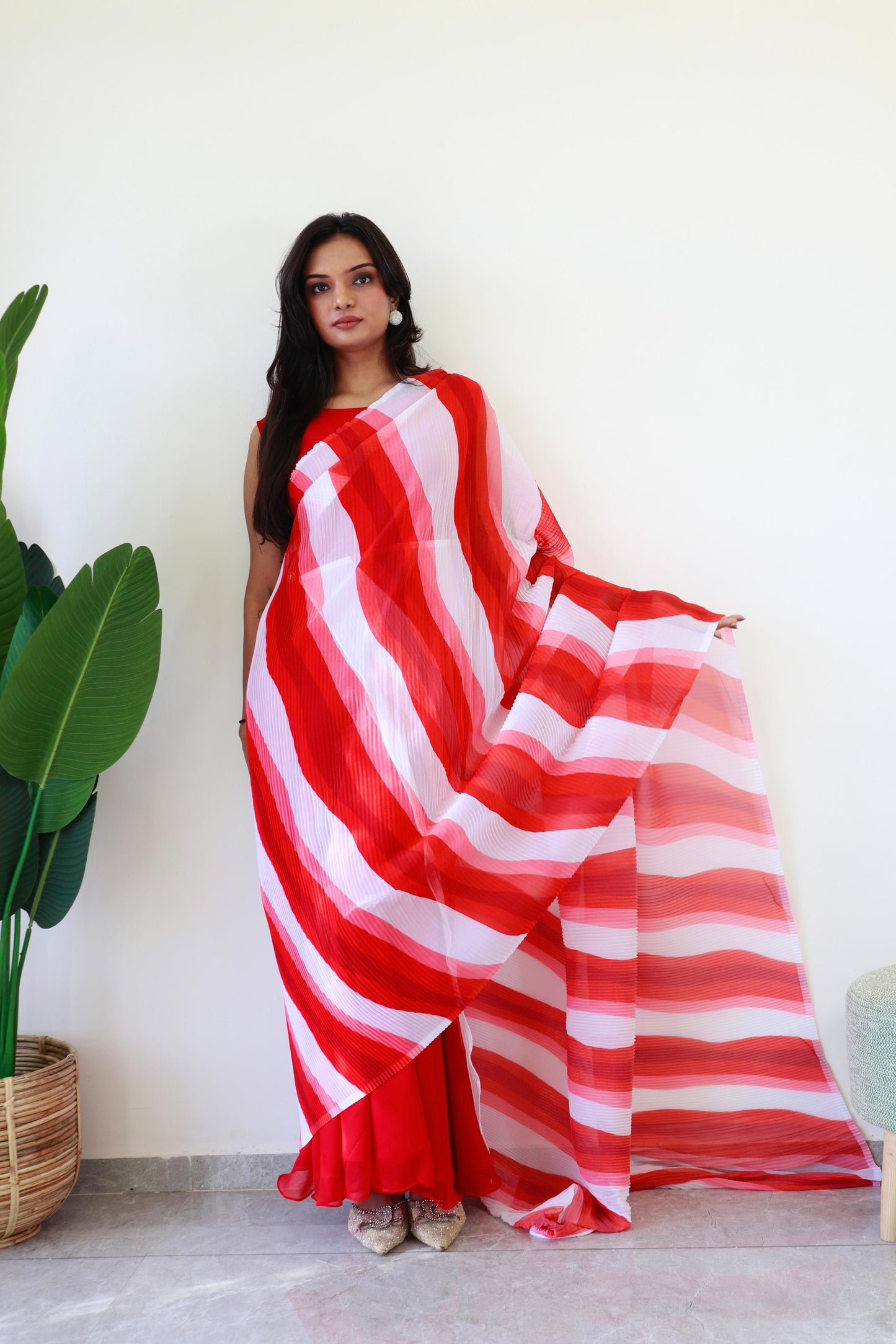 Beautiful White With Red Print Gown With Crush Saree Dupatta