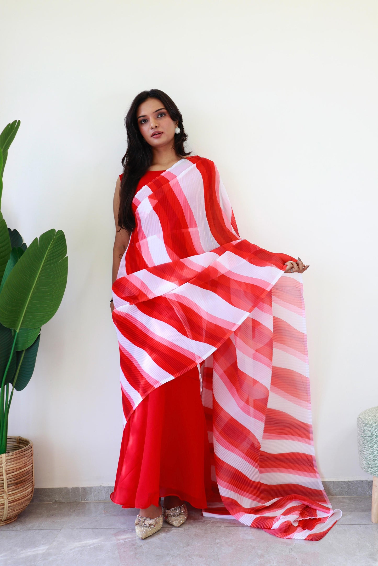 Beautiful White With Red Print Gown With Crush Saree Dupatta