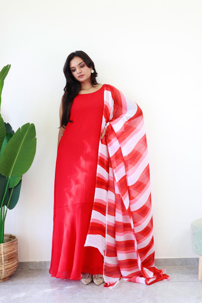 Beautiful White With Red Print Gown With Crush Saree Dupatta