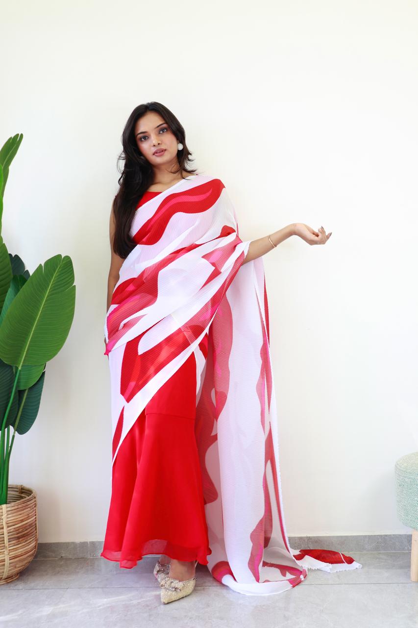 Beautiful White With Red Print Gown With Crush Saree Dupatta