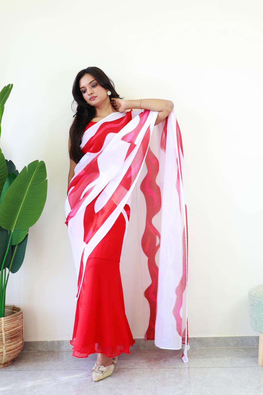 Beautiful White With Red Print Gown With Crush Saree Dupatta