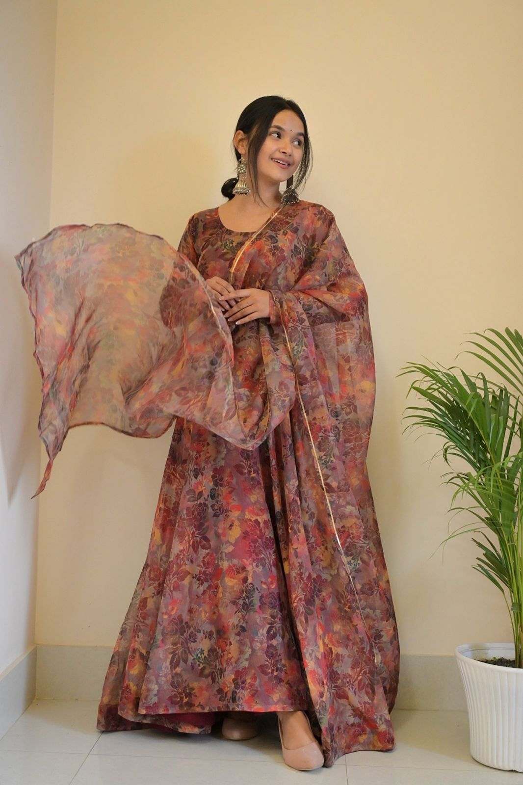 Kali Style Multi Print With Maroon Organza Gown