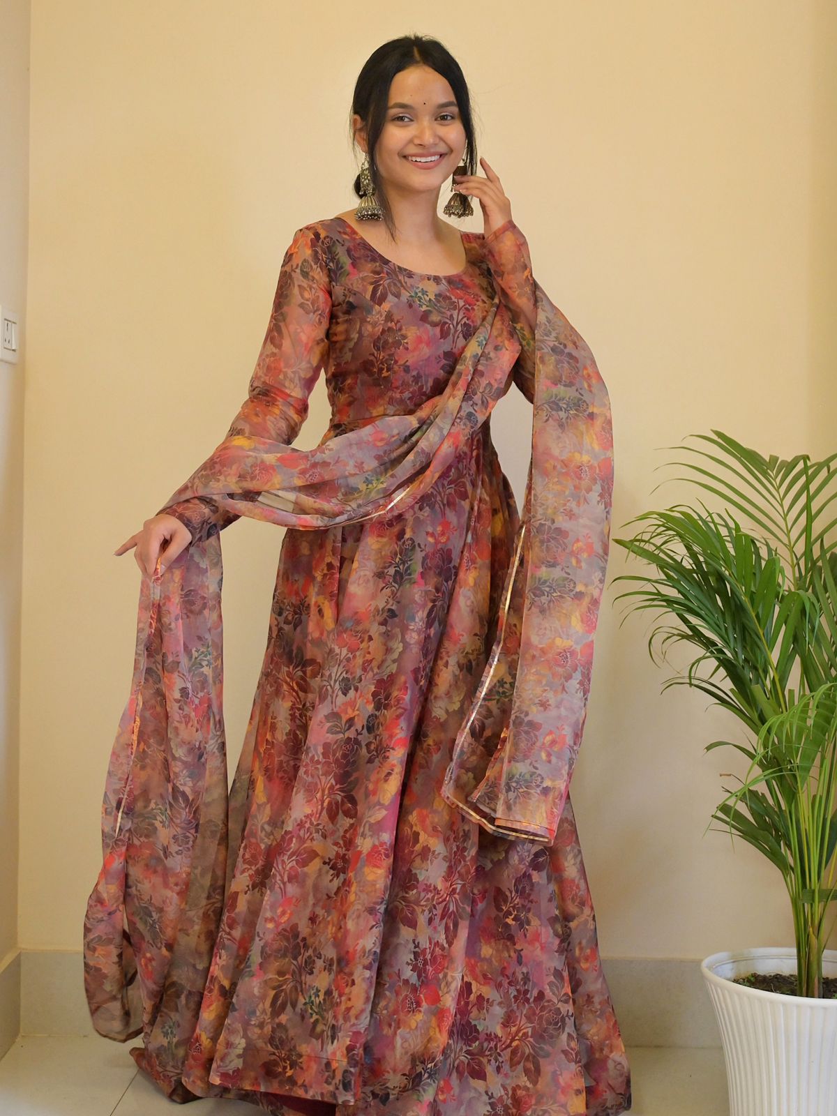 Kali Style Multi Print With Maroon Organza Gown