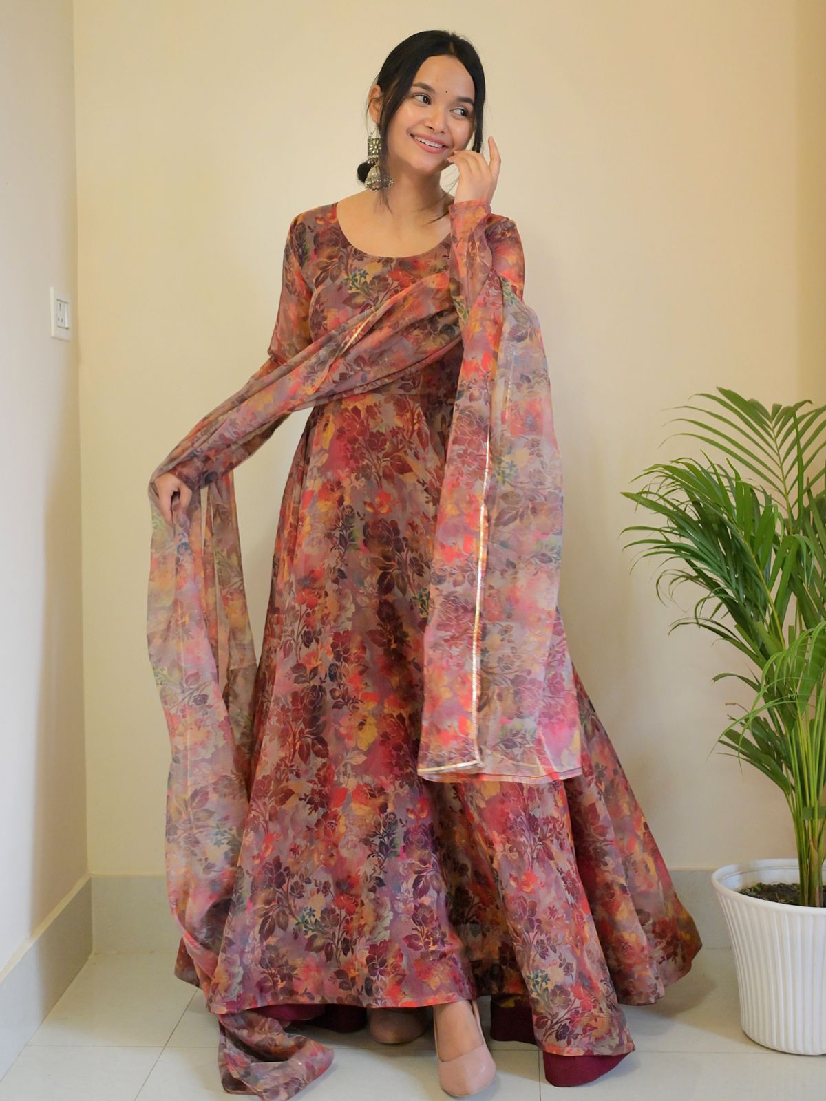 Kali Style Multi Print With Maroon Organza Gown