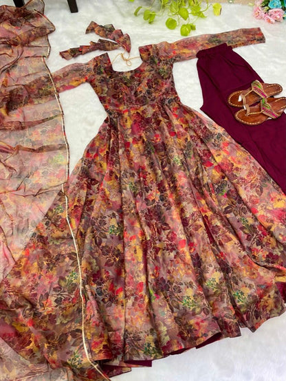 Kali Style Multi Print With Maroon Organza Gown