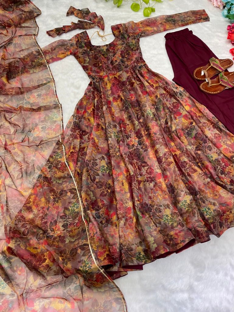 Kali Style Multi Print With Maroon Organza Gown