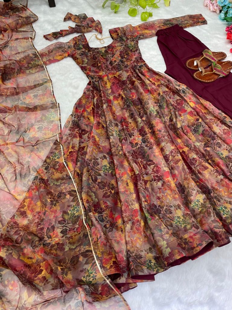 Kali Style Multi Print With Maroon Organza Gown