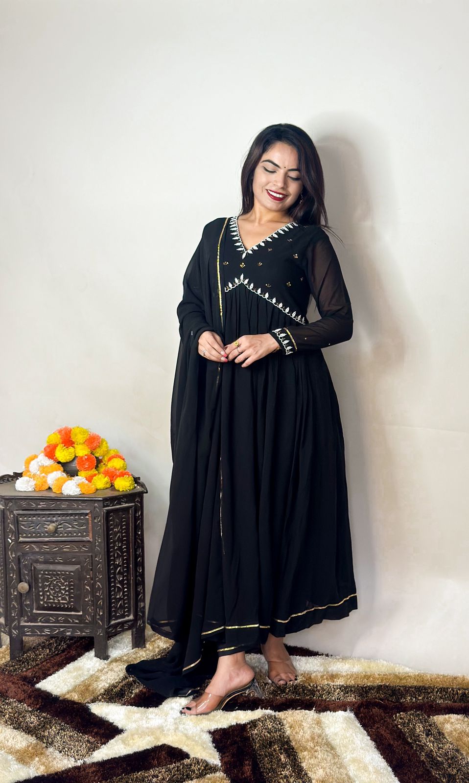 Shining Black Color With Hand Work Anarkali Suit