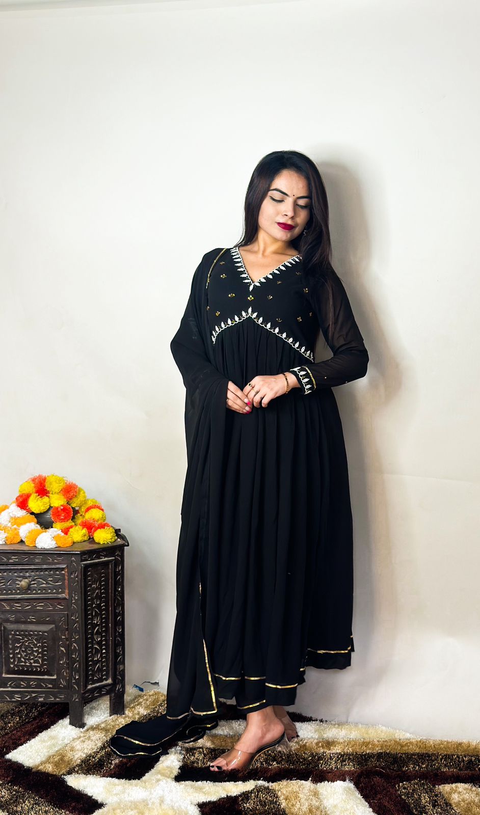 Shining Black Color With Hand Work Anarkali Suit