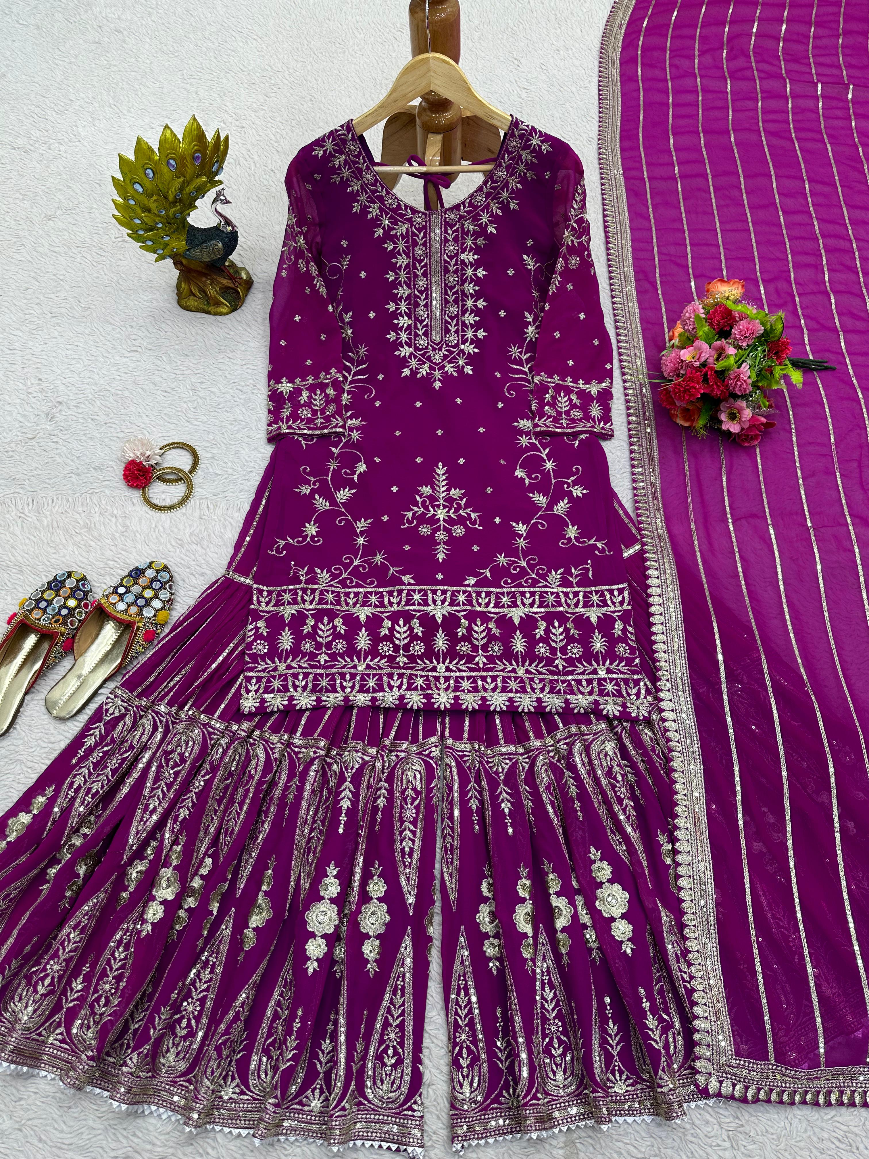 Pakistani Thread With Sequence Work Purple Sharara Suit