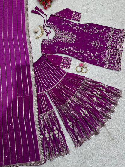 Pakistani Thread With Sequence Work Purple Sharara Suit