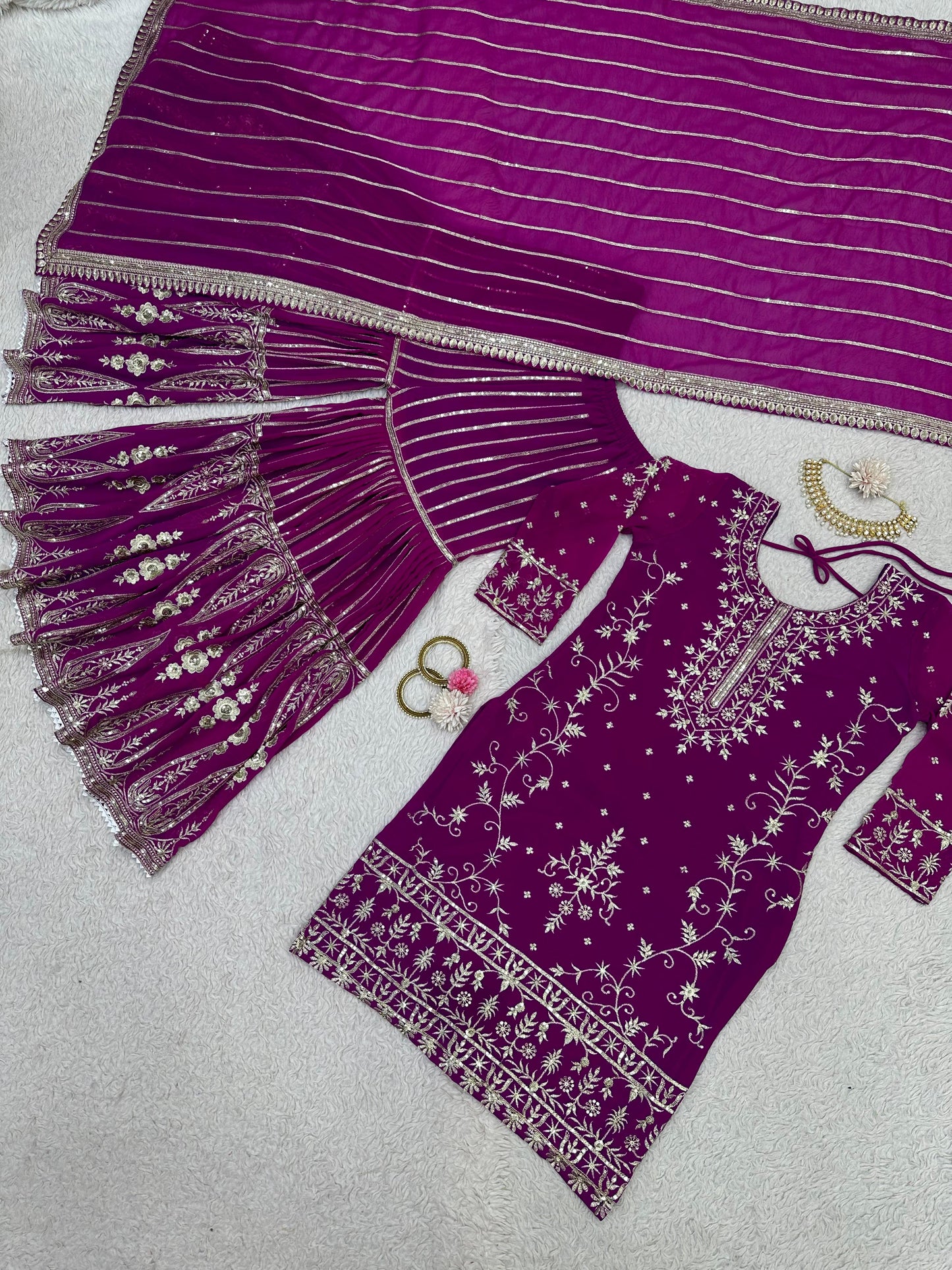 Pakistani Thread With Sequence Work Purple Sharara Suit