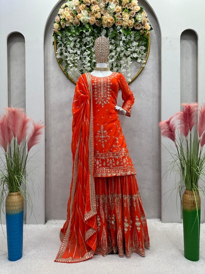 Pakistani Thread With Sequence Work Orange Sharara Suit