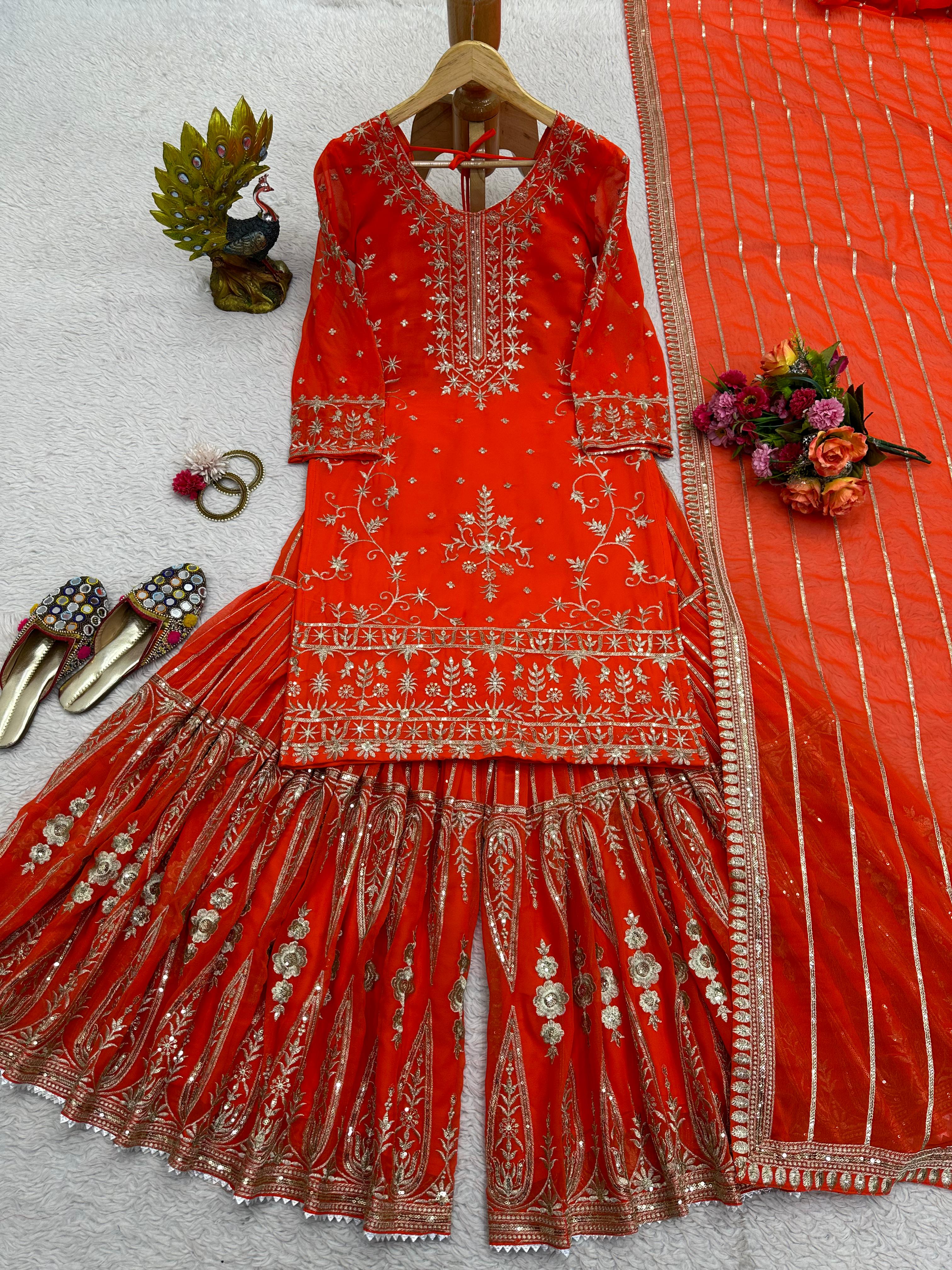 Pakistani Thread With Sequence Work Orange Sharara Suit