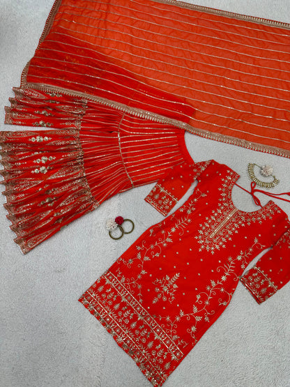 Pakistani Thread With Sequence Work Orange Sharara Suit