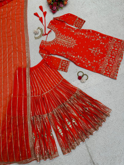 Pakistani Thread With Sequence Work Orange Sharara Suit