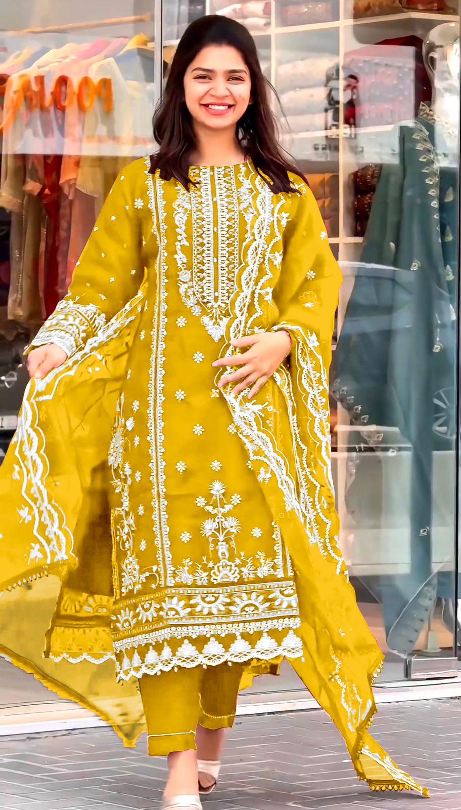 Yellow Color Embroidery Work Organza Pakistani Suit