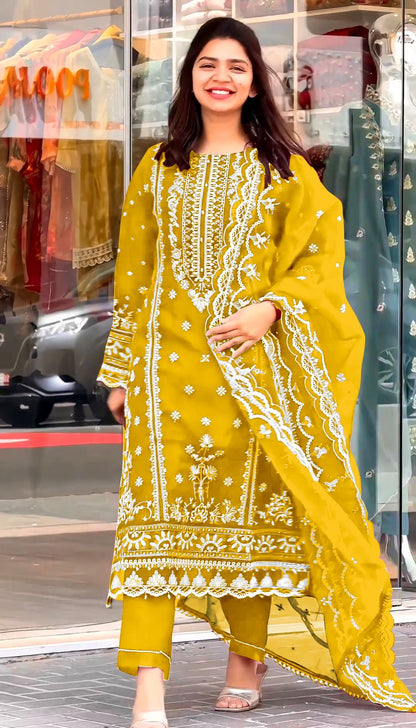 Yellow Color Embroidery Work Organza Pakistani Suit