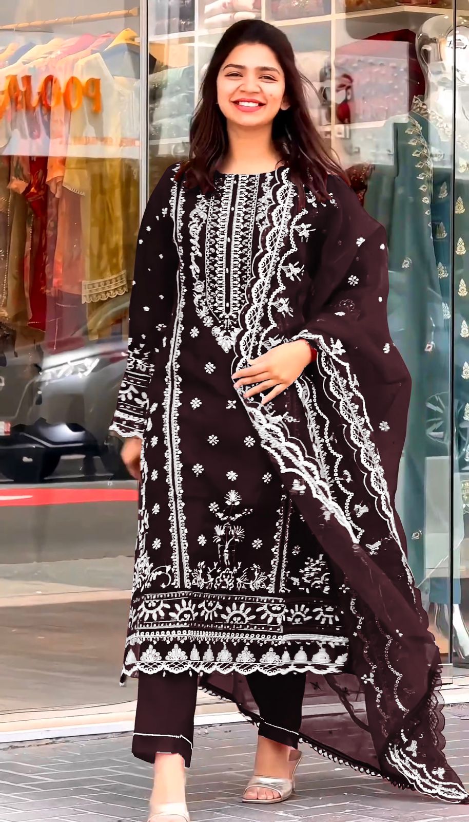 Brown Color Embroidery Work Organza Pakistani Suit