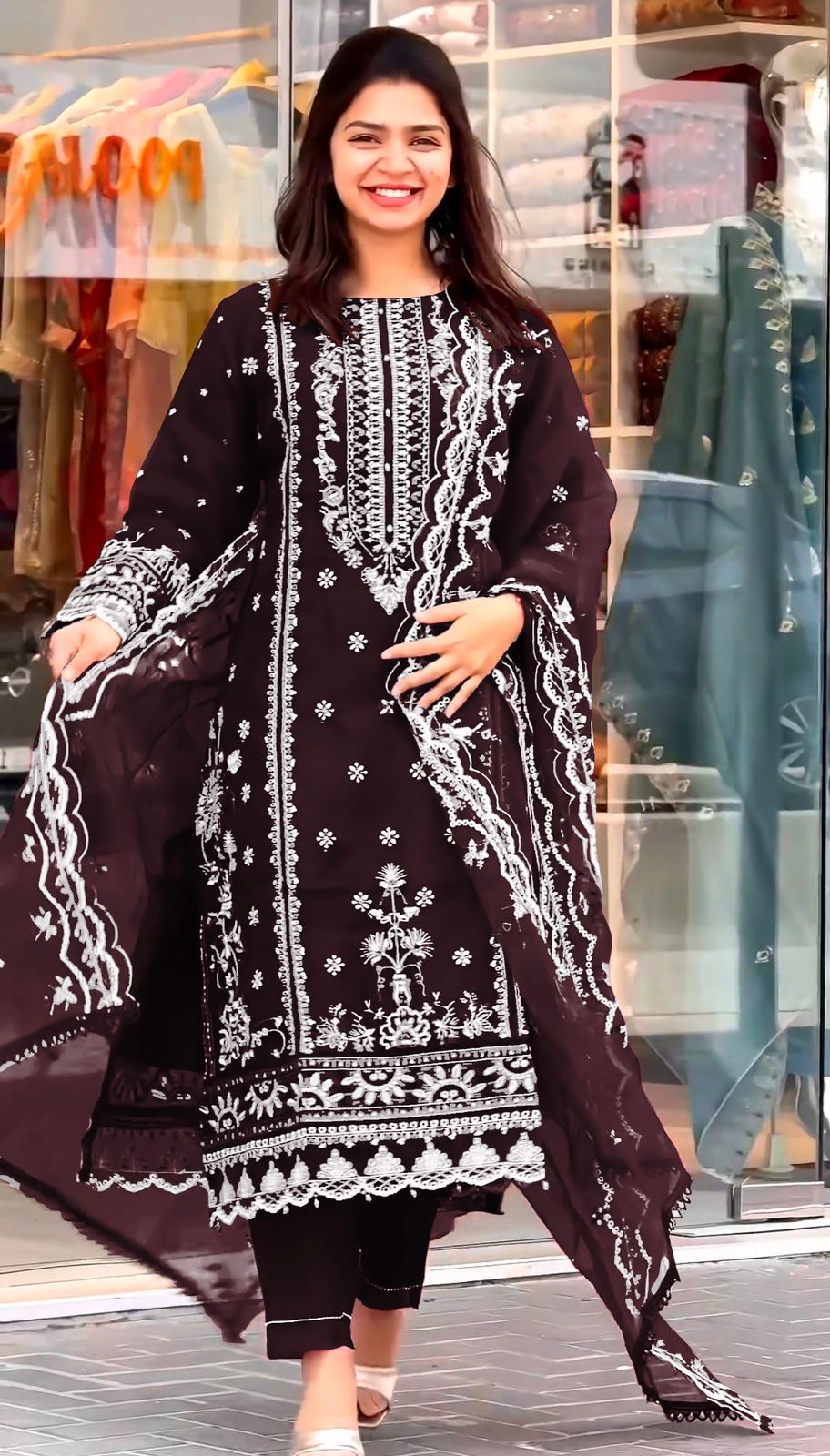 Brown Color Embroidery Work Organza Pakistani Suit