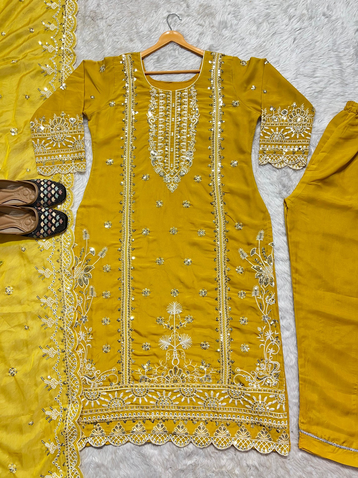 Yellow Color Embroidery Work Organza Pakistani Suit