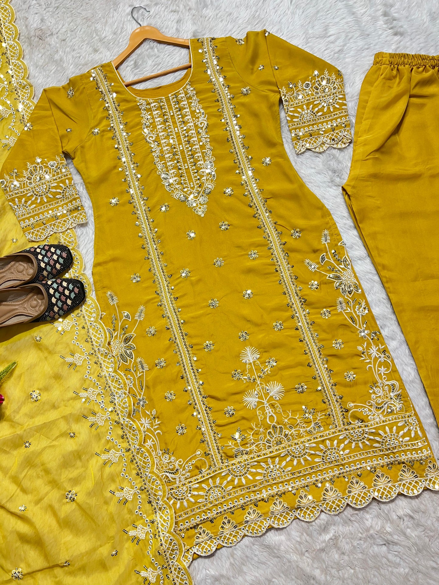 Yellow Color Embroidery Work Organza Pakistani Suit