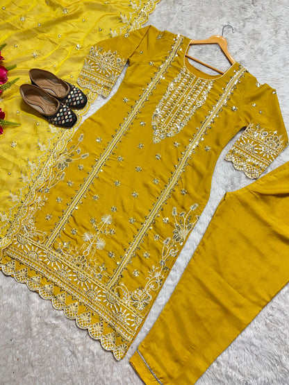 Yellow Color Embroidery Work Organza Pakistani Suit