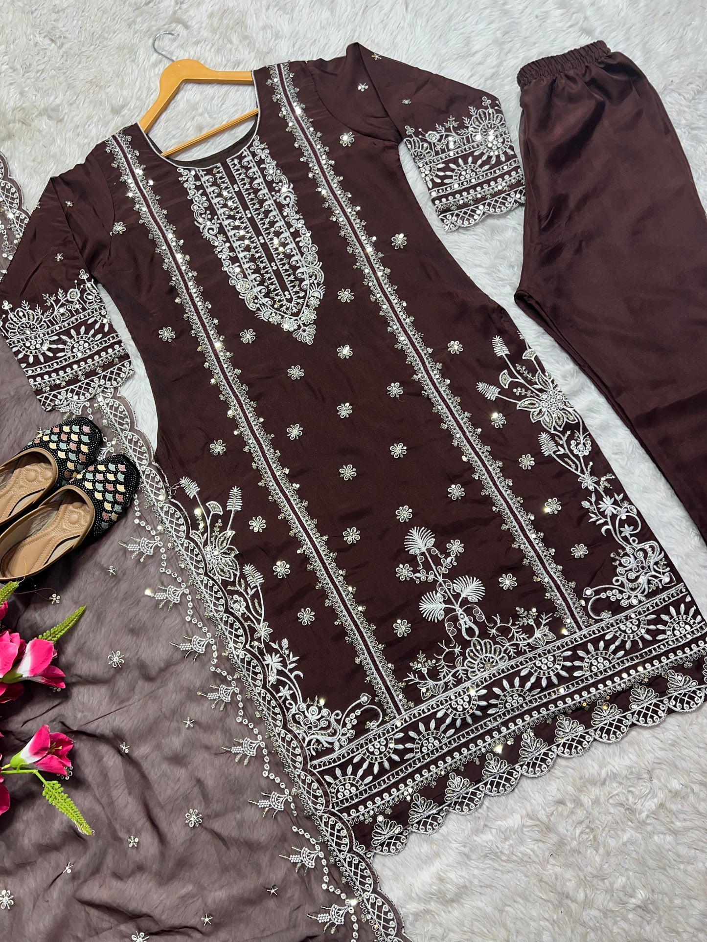 Brown Color Embroidery Work Organza Pakistani Suit