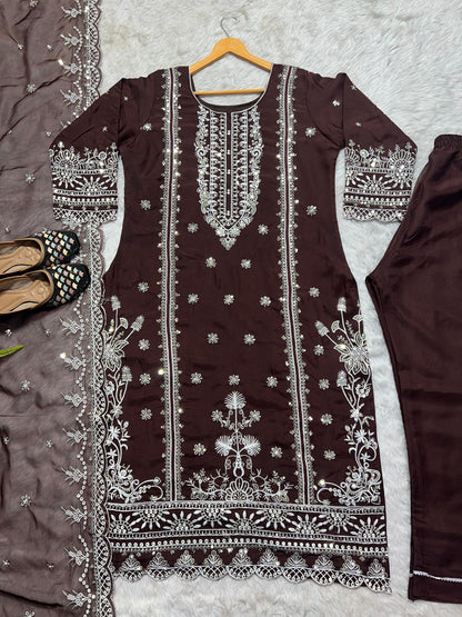 Brown Color Embroidery Work Organza Pakistani Suit