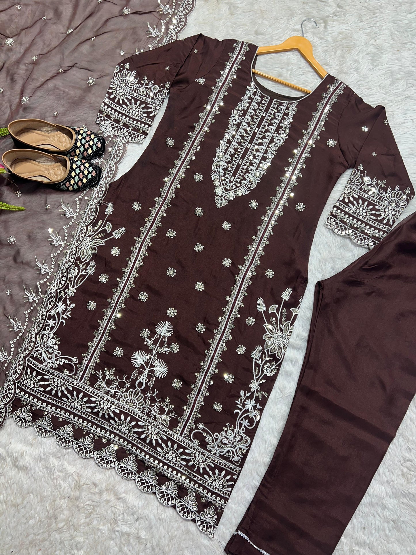 Brown Color Embroidery Work Organza Pakistani Suit