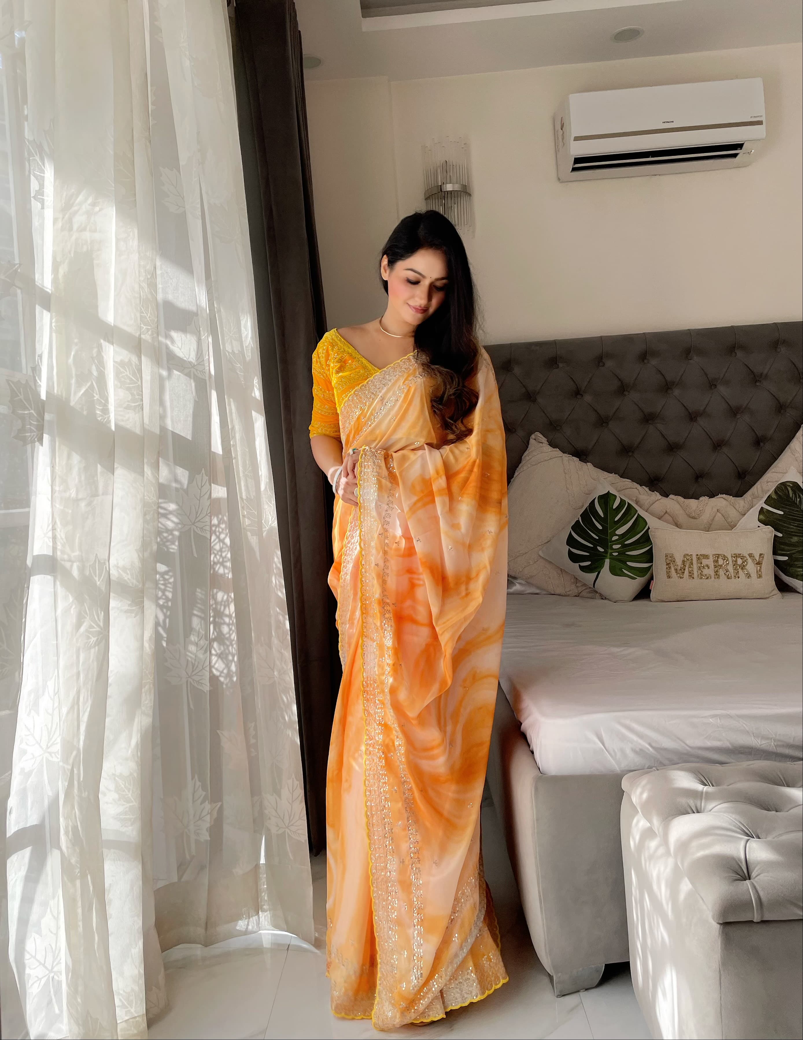 Mustard Sequence Work Printed Saree With Velvet Blouse