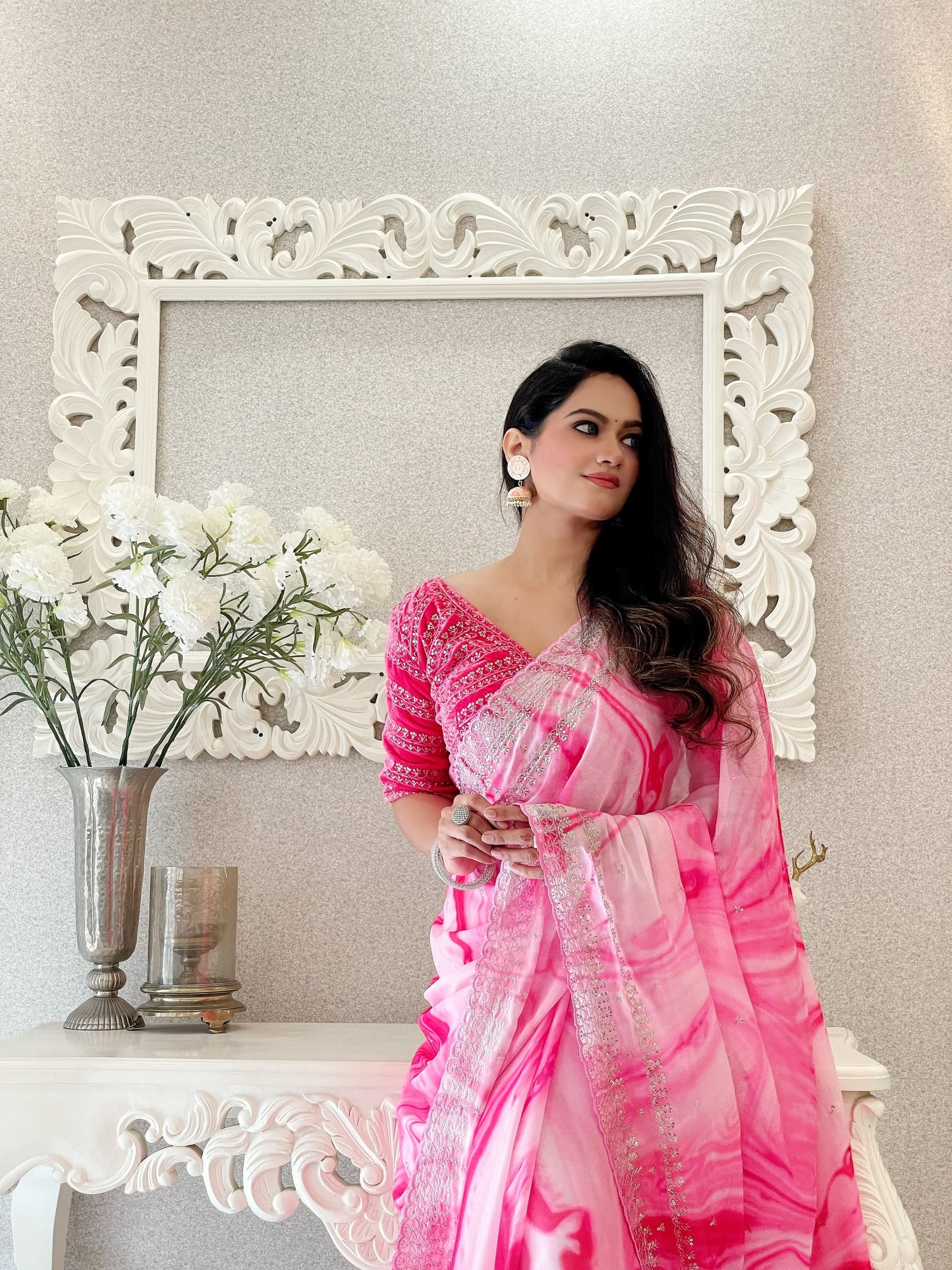 Pink Sequence Work Printed Saree With Velvet Blouse