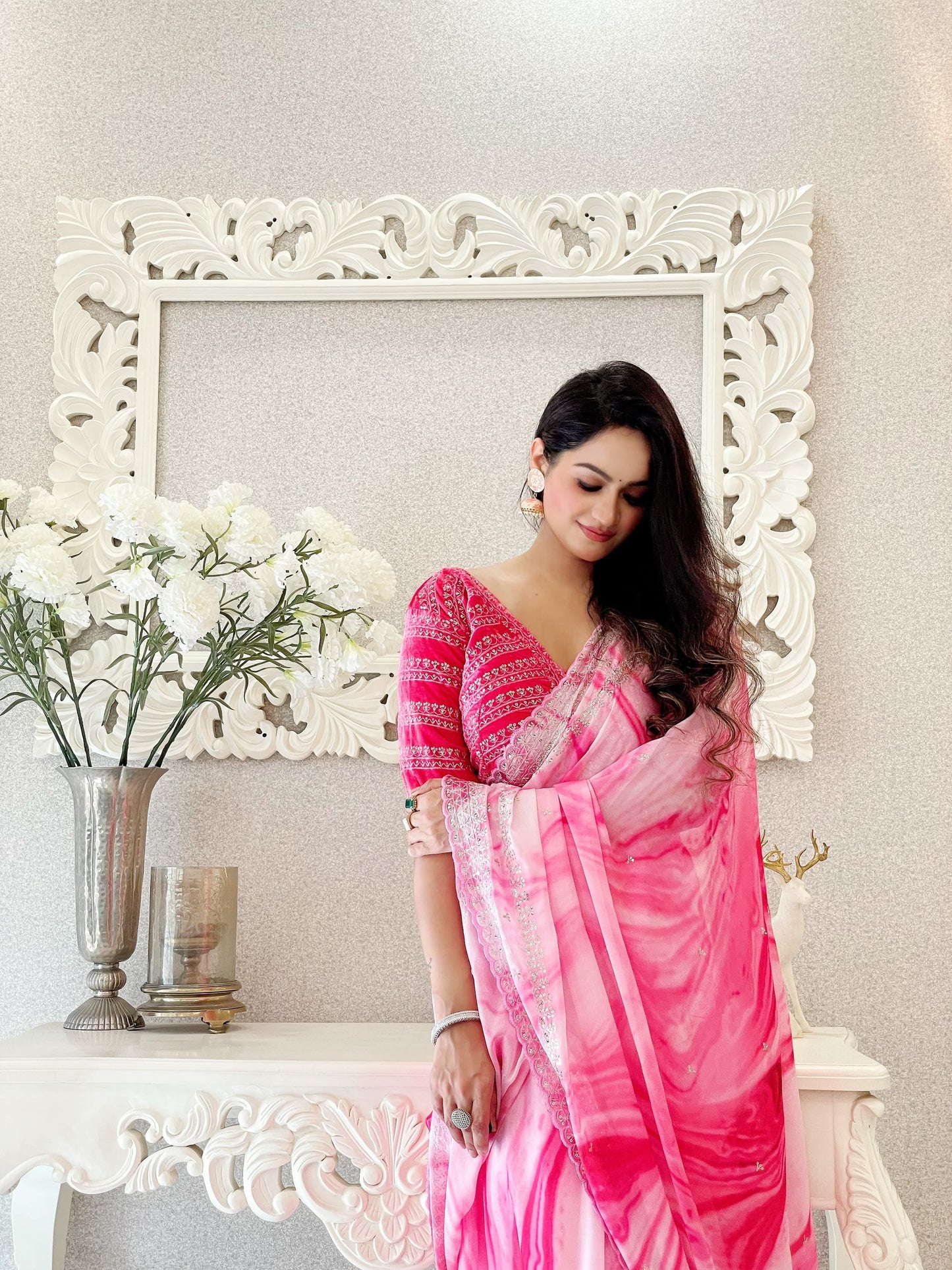 Pink Sequence Work Printed Saree With Velvet Blouse