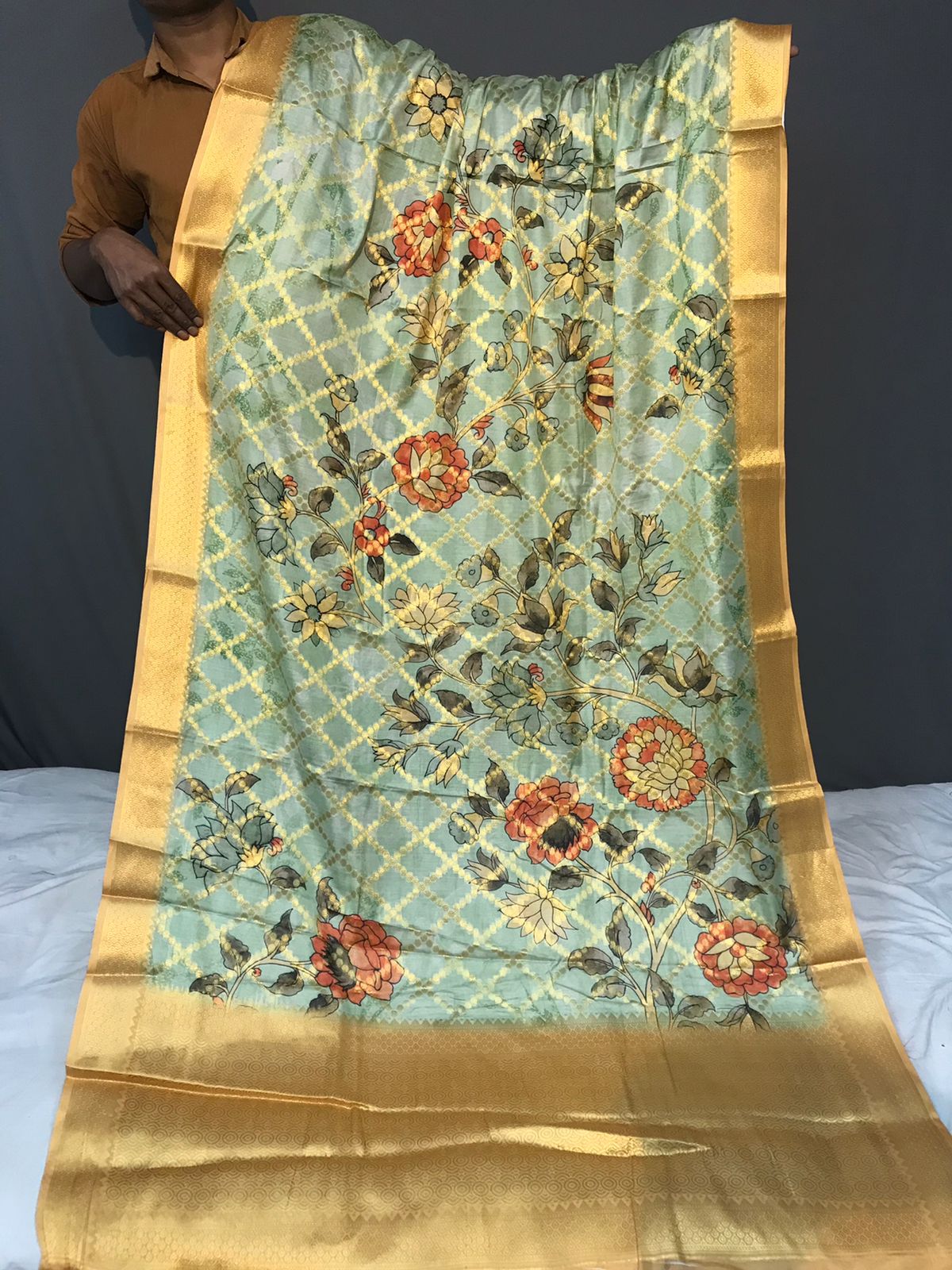 Floral Printed Light Green Color Zari Weaving Work Saree