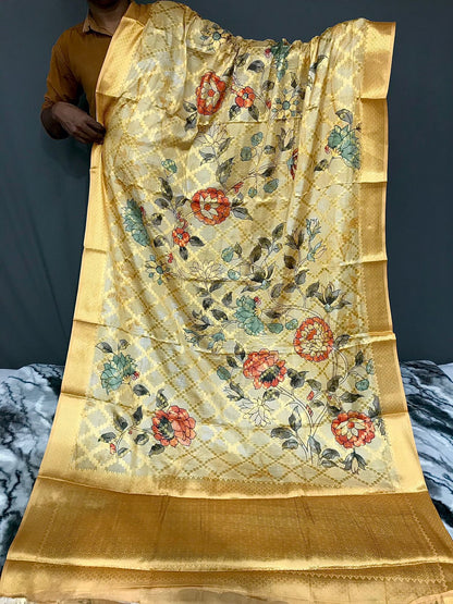 Floral Printed Mustard Color Zari Weaving Work Saree