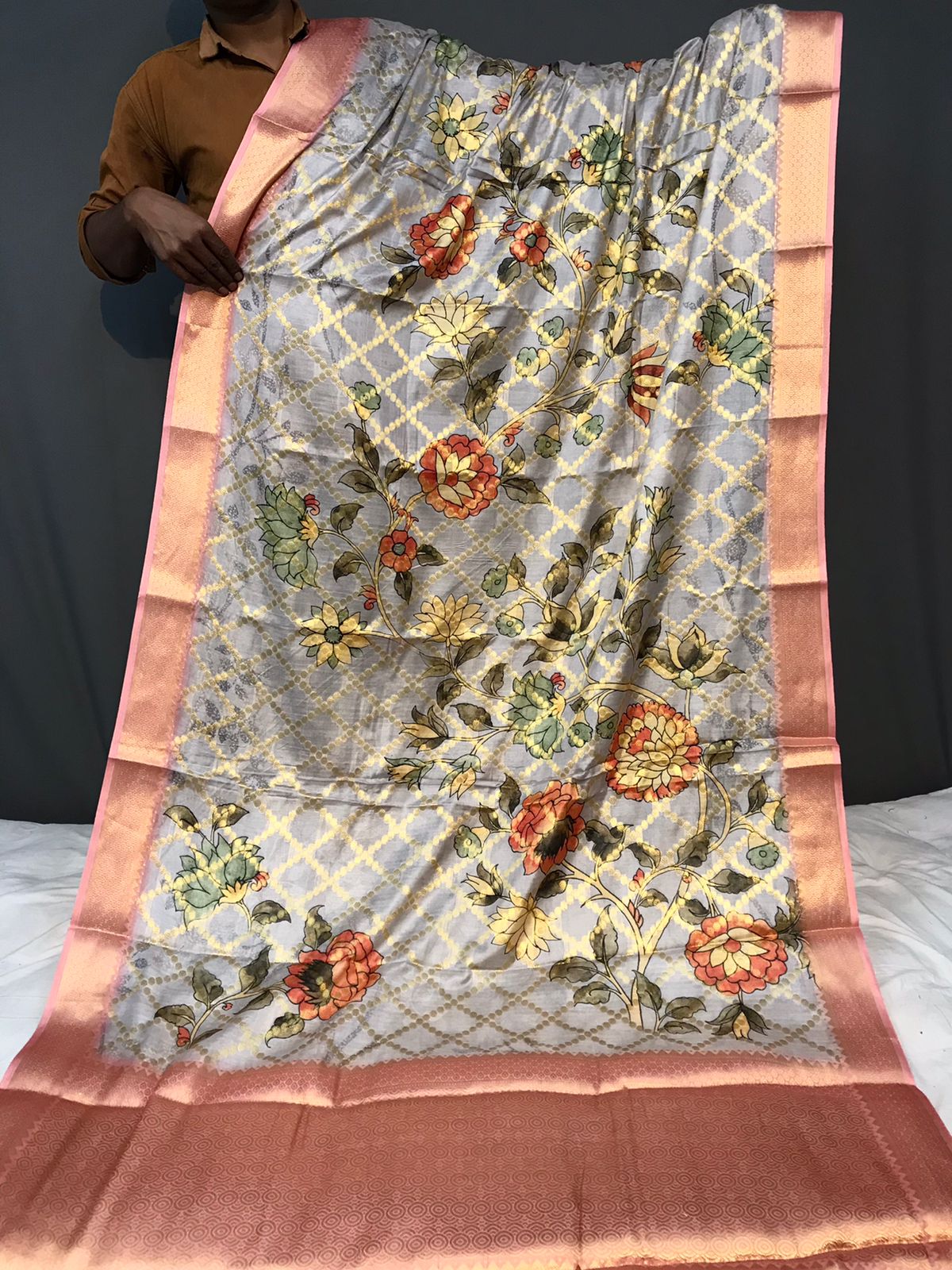 Floral Printed Grey Color Zari Weaving Work Saree