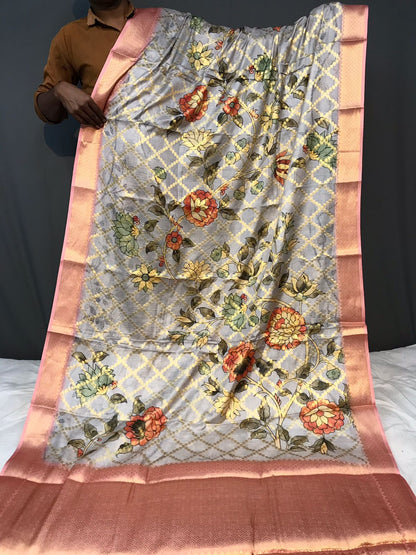 Floral Printed Grey Color Zari Weaving Work Saree