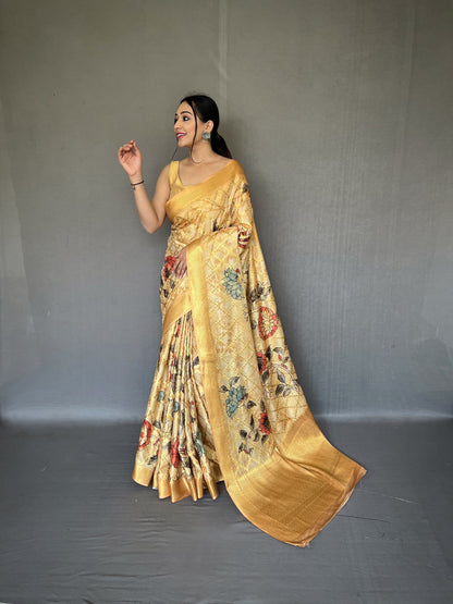 Floral Printed Mustard Color Zari Weaving Work Saree