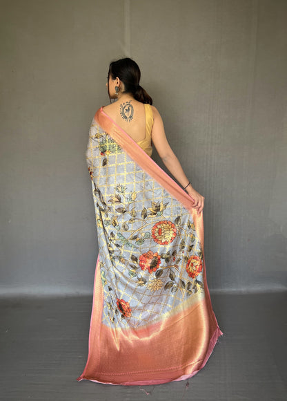 Floral Printed Grey Color Zari Weaving Work Saree