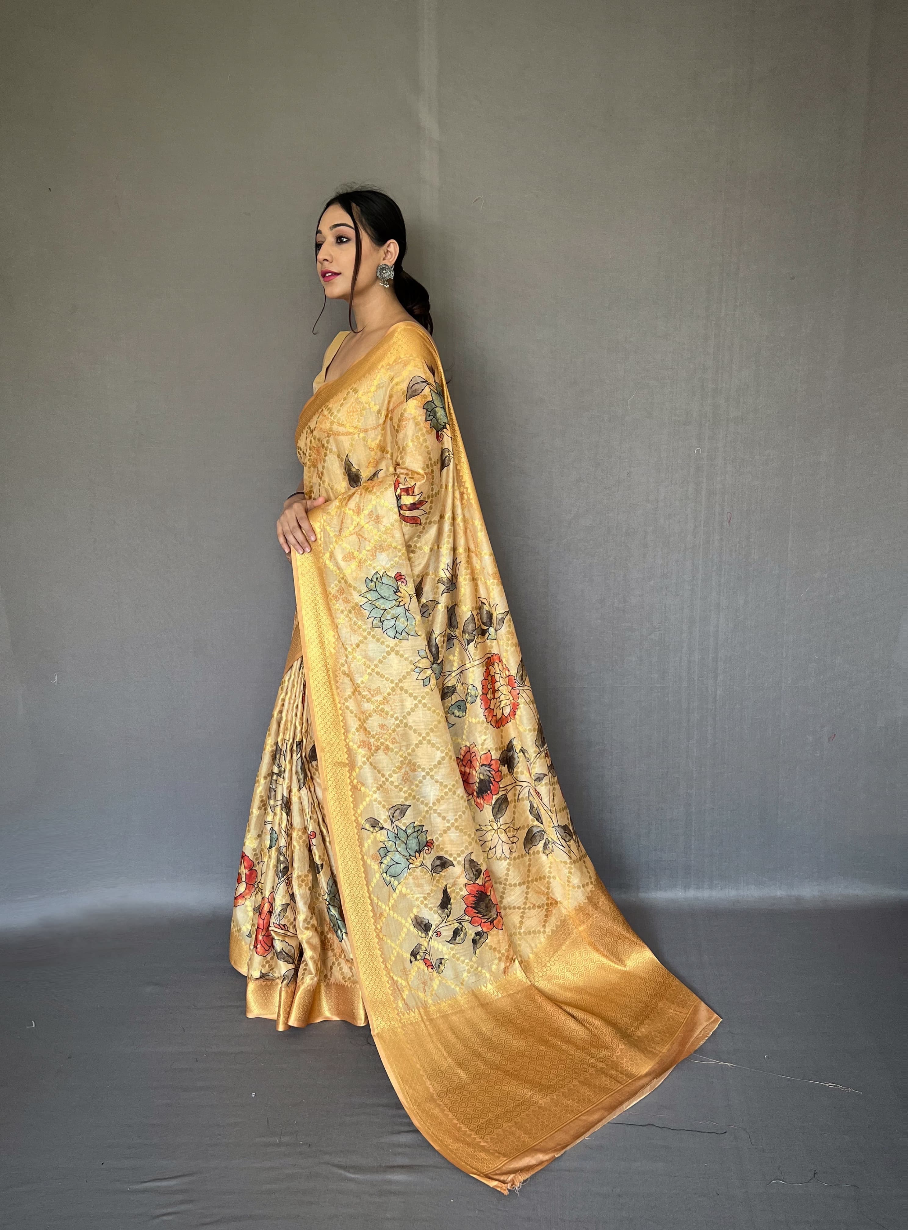 Floral Printed Mustard Color Zari Weaving Work Saree