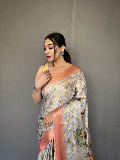 Floral Printed Grey Color Zari Weaving Work Saree