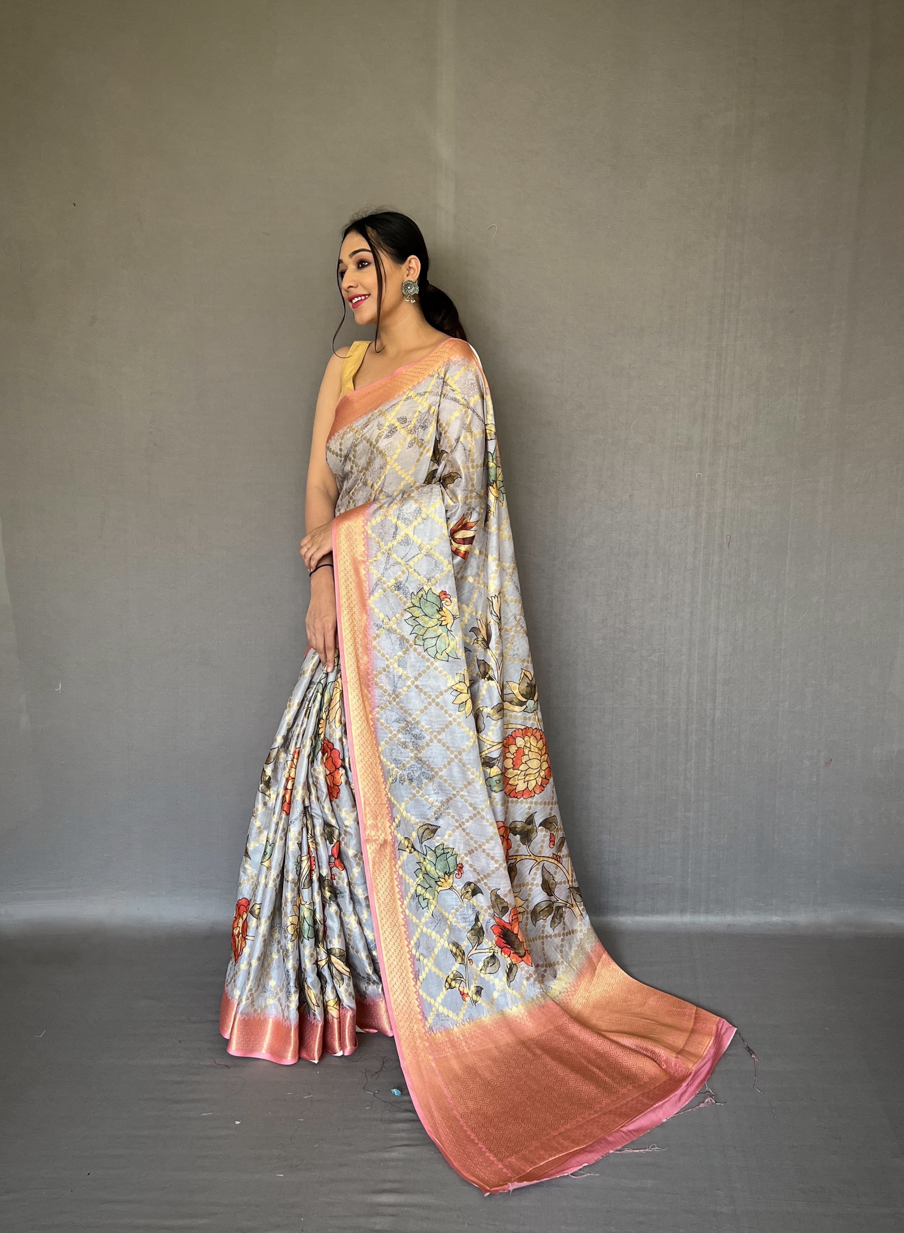 Floral Printed Grey Color Zari Weaving Work Saree