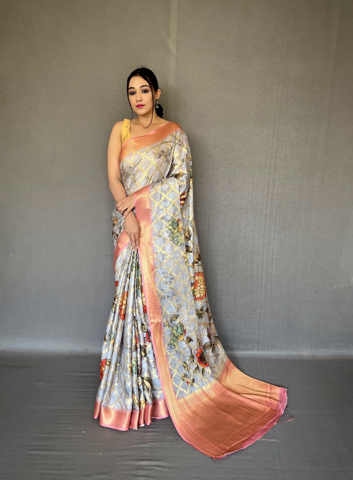 Floral Printed Grey Color Zari Weaving Work Saree