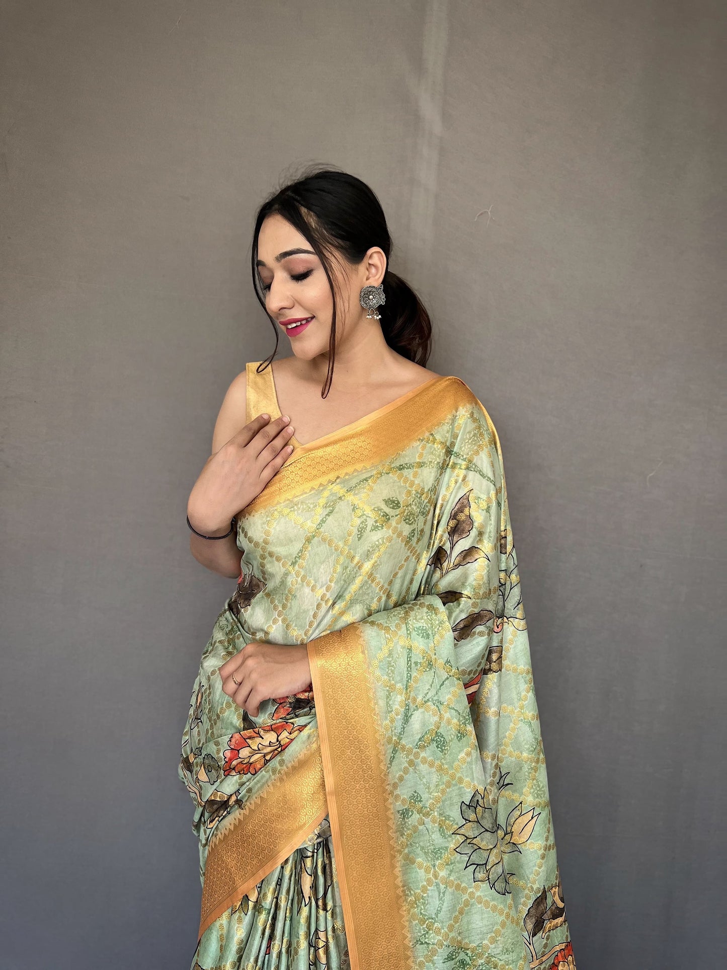 Floral Printed Light Green Color Zari Weaving Work Saree