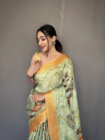 Floral Printed Light Green Color Zari Weaving Work Saree