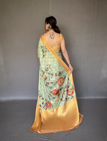 Floral Printed Light Green Color Zari Weaving Work Saree