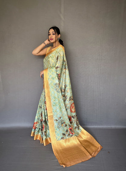 Floral Printed Light Green Color Zari Weaving Work Saree